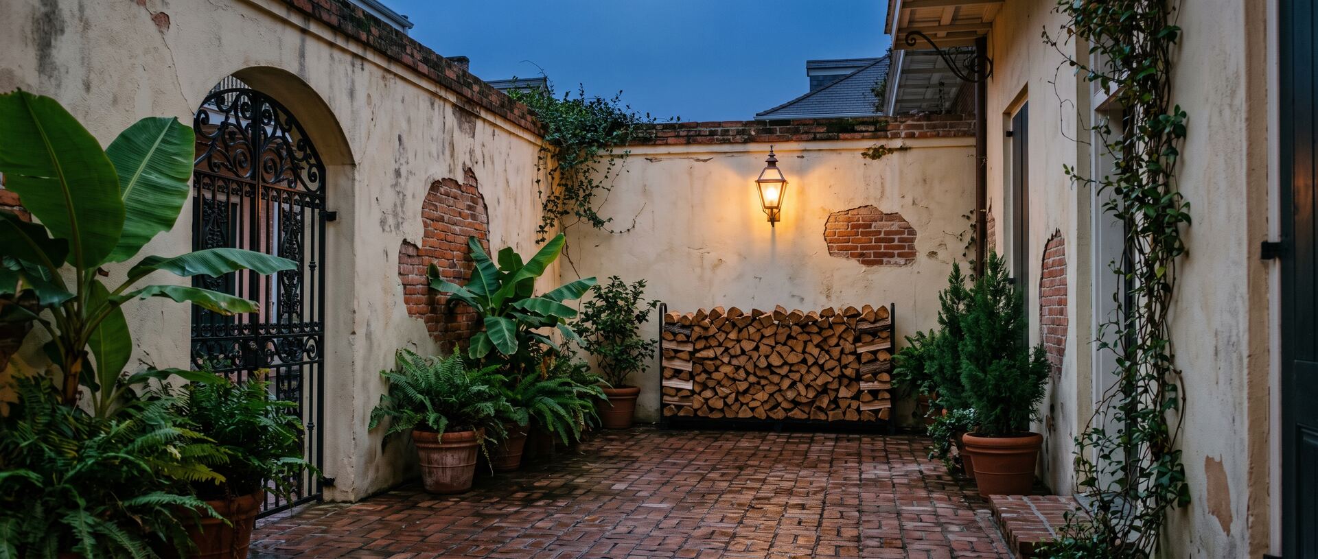 A rick of split seasoned oak stacked against the plaster wall of a walled New Orleans courtyard at dusk, lit by a gas lantern