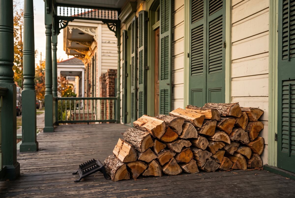 Split seasoned oak stacked on the front porch of a New Orleans shotgun house with louvered shutters in the late afternoon