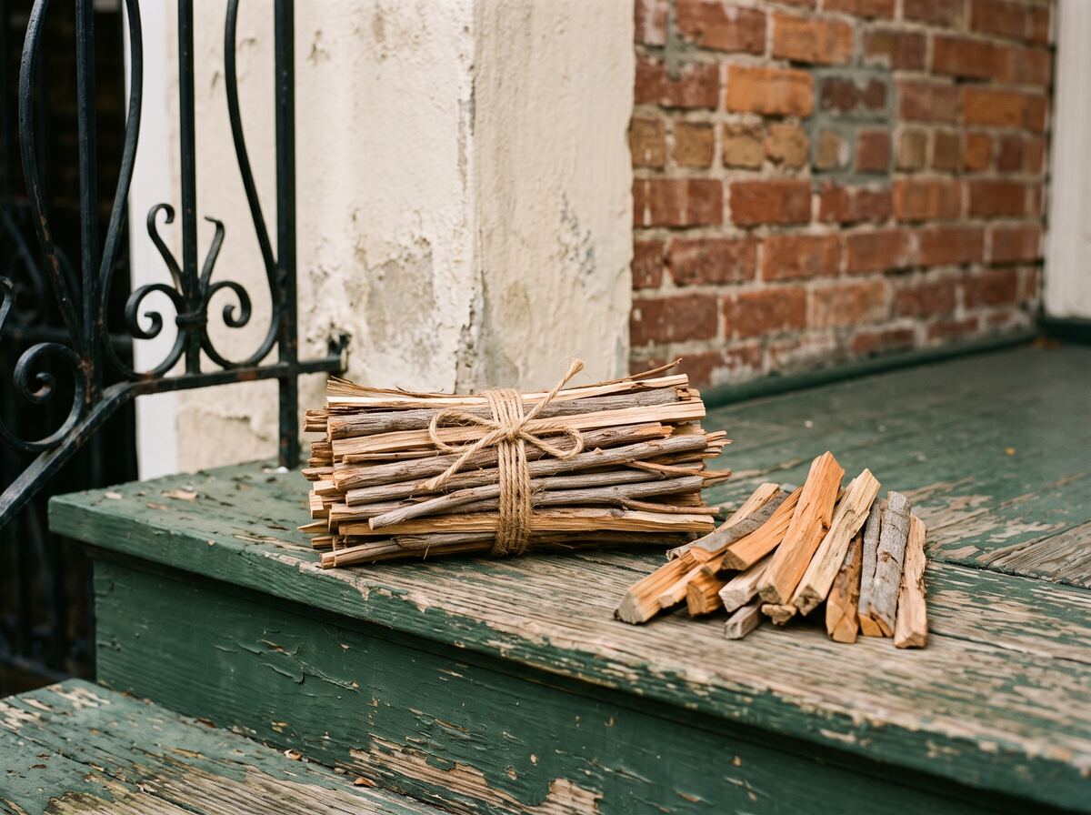 A bundle of dry split kindling tied with jute twine resting on a green painted porch step