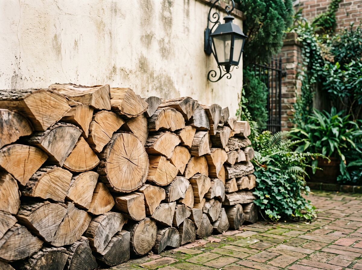 A neatly stacked face of mixed hardwood firewood against a weathered plaster courtyard wall