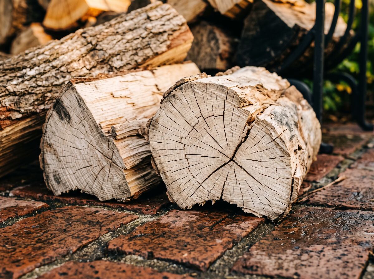 Close-up of split seasoned oak firewood showing deep radial checking across the pale end grain